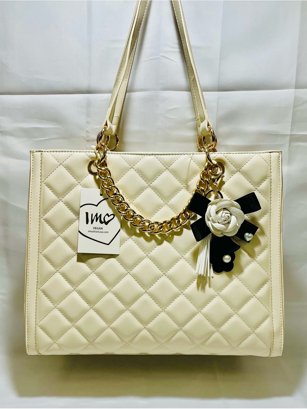 Imoshion Diamond Quilted Leather Tote Bag with Charm, NWT